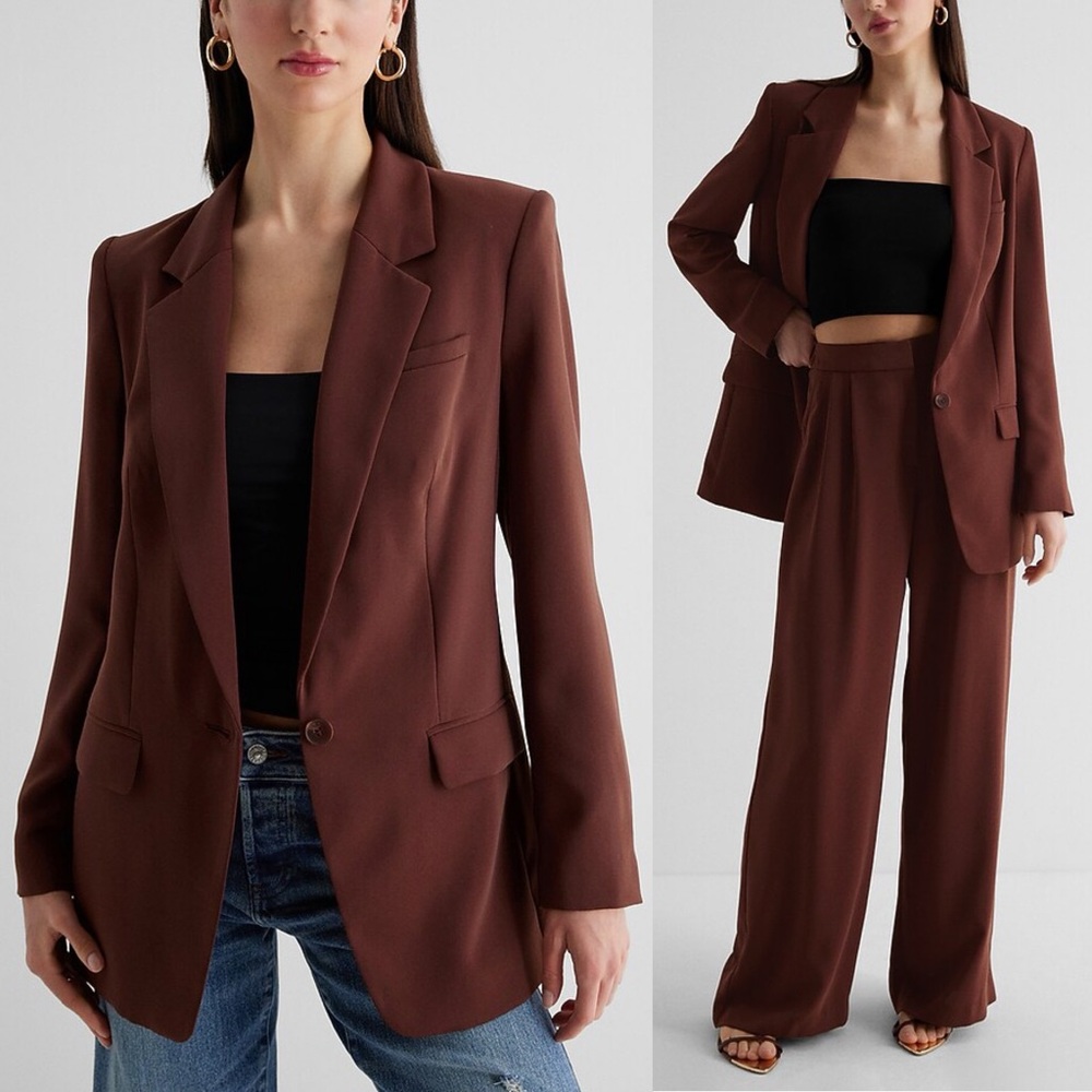 Express One Button Cinched Boyfriend Blazer Brown Womens XS EUC Preppy Office